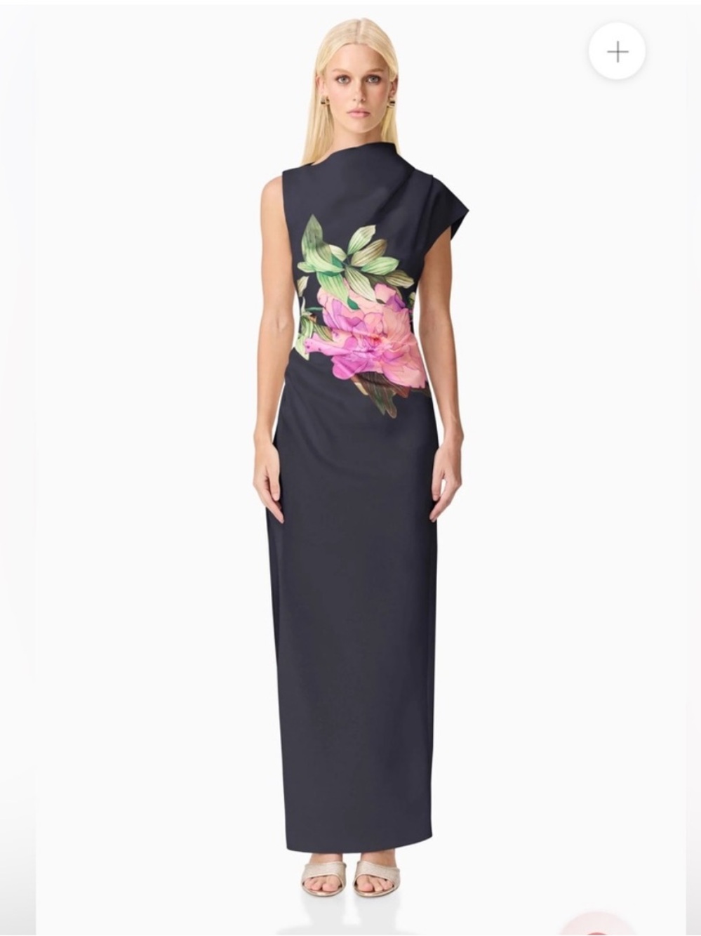 elliatt azelie black & pink floral asymmetrical satin draped gown dress XS NEW - Picture 13 of 13
